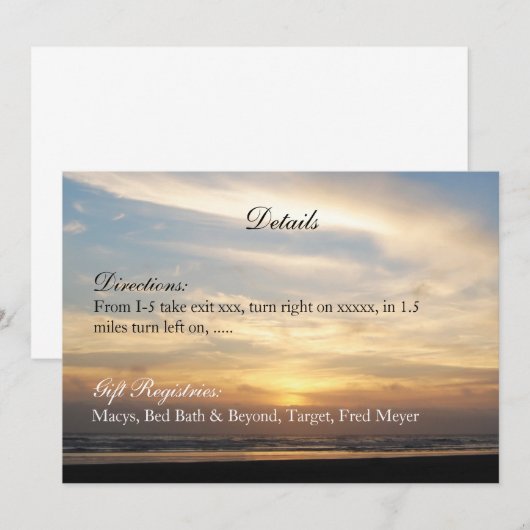 Sunset Beach Wedding Details Reception Kaart (Voorkant / Achterkant)