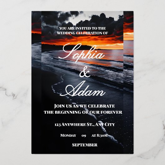 Sunset Beach Wedding Invitation Folie Uitnodiging (Voorkant)