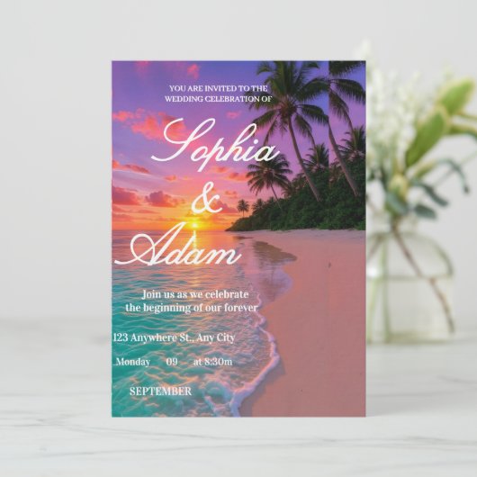 Sunset Beach Wedding Invitation Kaart (Staand voorkant)