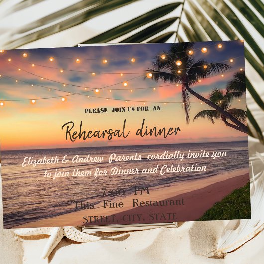 Sunset Beach Wedding, Palm, Lights Rehearsal Dinne Kaart
