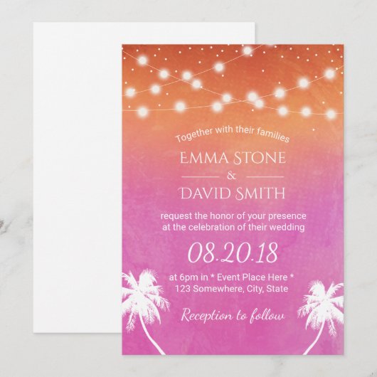 Sunset Beach Wedding Palm Trees Elegant Waterverf Kaart (Voorkant / Achterkant)