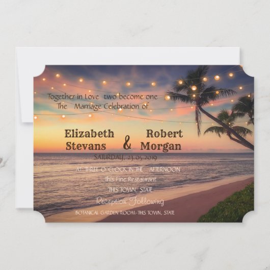 Sunset Beach Wedding , Palms, Lichtinvitatie Kaart (Voorkant)