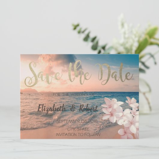 Sunset Beach Wedding, Plumeria Save the Date (Staand voorkant)