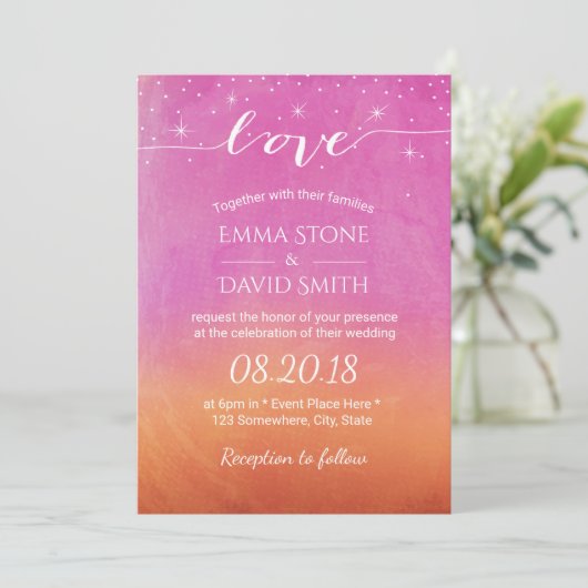 Sunset Beach Wedding Script Love Waterverf Kaart (Staand voorkant)