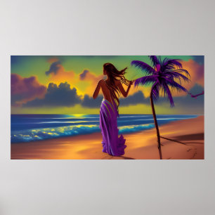 Sunset Beach women blue zee stromend paarse zon Poster