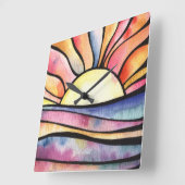 SUNSET BIJ ZEE Waterverf Square Clock Vierkante Klok (Hoek)