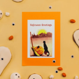  Sunset Black Cat Pumpkin Halloween Feestdagenkaart