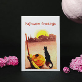  Sunset Black Cat Pumpkin Halloween Feestdagenkaart