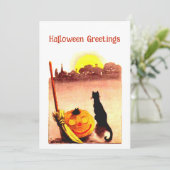 Sunset Black Cat Pumpkin Halloween Feestdagenkaart (Staand voorkant)
