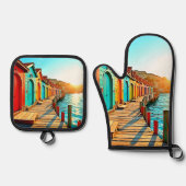 Sunset Bliss: Seaside Hues Ovenwant & Pannenlap Set (Voorkant)
