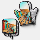 Sunset Bliss: Seaside Hues Ovenwant & Pannenlap Set (Voorkant / Achterkant)