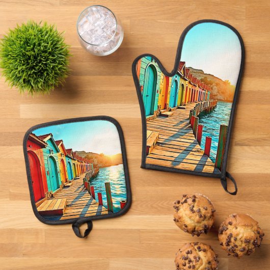 Sunset Bliss: Seaside Hues Ovenwant & Pannenlap Set (Top down)