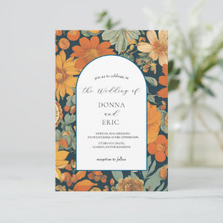 Sunset Blooms: 70's Oranje Bloemen Huwelijk Kaart
