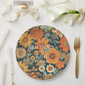 Sunset Blooms: 70's Oranje Bloemen Huwelijk Papieren Bordje