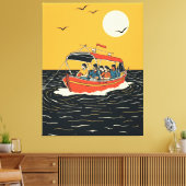 Sunset Boat Ride – Retro Minimalist Canvas Afdruk (Insitu (Woonkamer))
