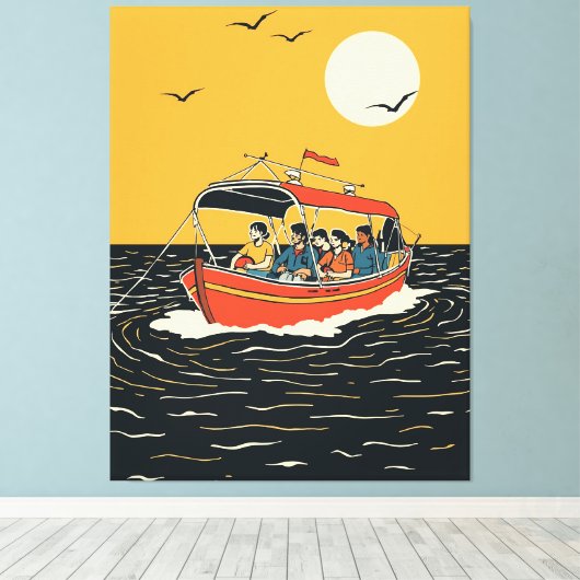 Sunset Boat Ride – Retro Minimalist Canvas Afdruk (Insitu (Houten vloer))