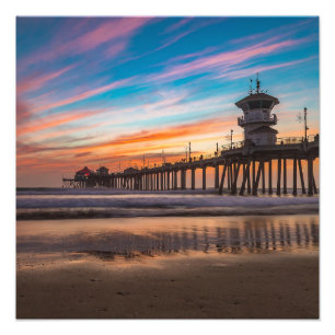 Sunset by Huntington Beach Pier in Californië Foto Afdruk