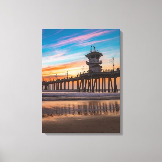 Sunset by the Huntington Beach Pier in California Canvas Afdruk (Voorkant)