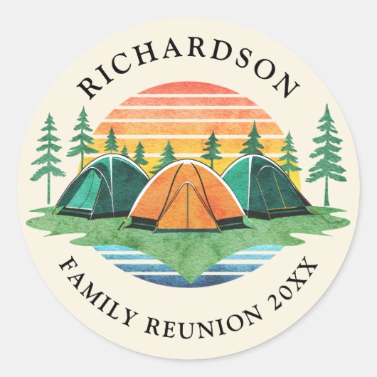 Sunset Camping Gepersonaliseerde Gezinsreünie Ronde Sticker (Voorkant)