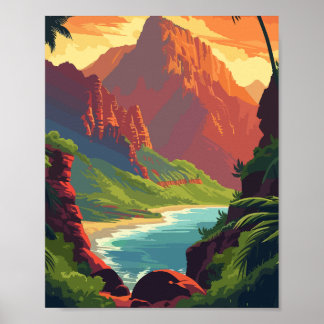 Sunset Canyon River - Retro Schilderachtig Mountai Poster