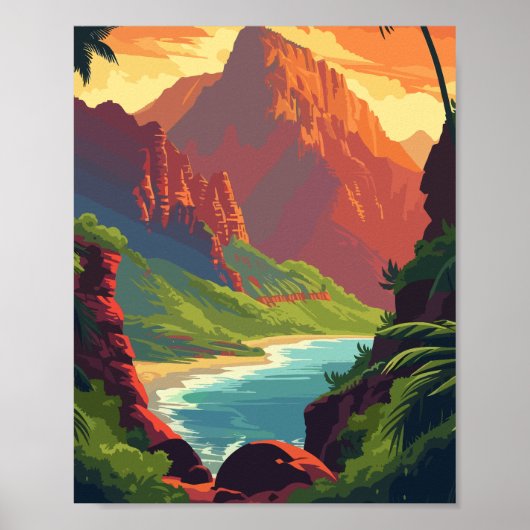 Sunset Canyon River - Retro Schilderachtig Mountai Poster (Voorkant)