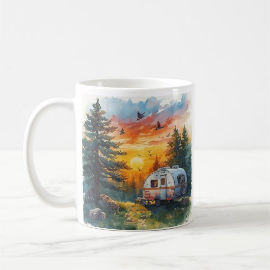 Sunset Caravan Camping Illustration Mug Koffiemok (Links)