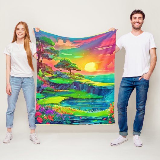 Sunset Cliff Paradise Art Fleece Deken (In situ)