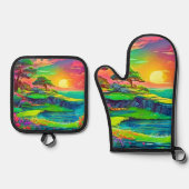 Sunset Cliff Paradise Art Ovenwant & Pannenlap Set (Voorkant)