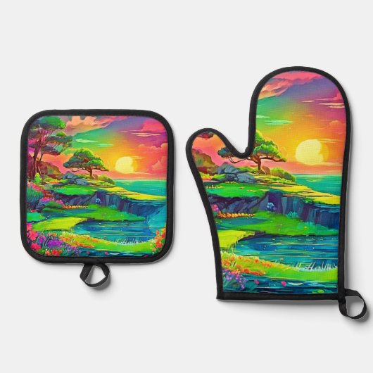 Sunset Cliff Paradise Art Ovenwant & Pannenlap Set (Voorkant)