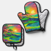 Sunset Cliff Paradise Art Ovenwant & Pannenlap Set (Voorkant / Achterkant)