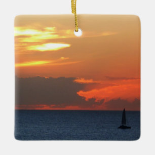 Sunset Clouds and Sailboat Seascape Keramisch Ornament