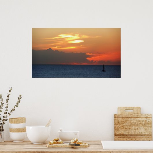 Sunset Clouds and Sailboat Seascape Poster (Keuken)