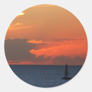Sunset Clouds and Sailboat Seascape Ronde Sticker