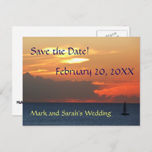 Sunset Clouds en Sailboat Save the Date Briefkaart (Voorkant / Achterkant)