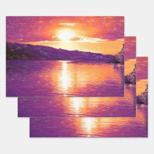 Sunset Coastal Beach Oranje Paars Decoupage Inpakpapier Vel