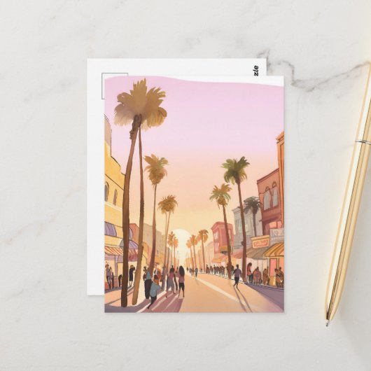 Sunset Coastal Town | Waterverf aan de kust van de Briefkaart (Voorkant / Achterkant in situ)