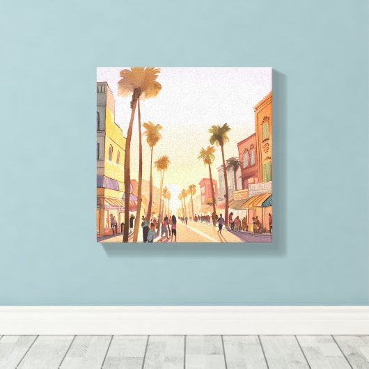 Sunset Coastal Town | Waterverf aan de kust van de Canvas Afdruk (Insitu (Houten vloer))