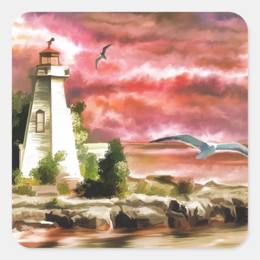Sunset Coastal Vuurtoren Vierkante Sticker (Voorkant)