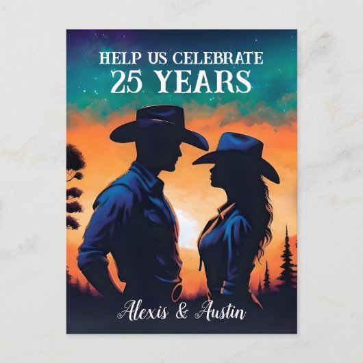 Sunset Cowboy en Cowgirl 25e Jubileum Briefkaart (Voorkant)