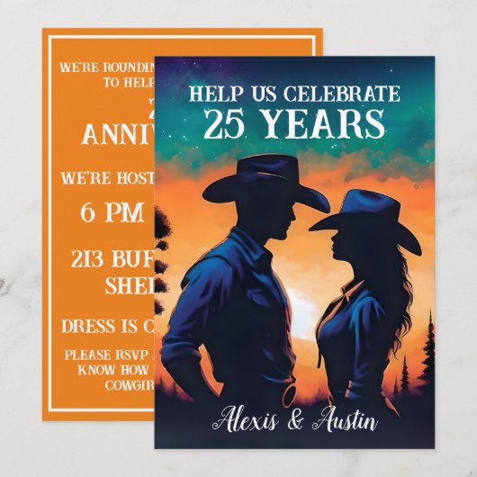 Sunset Cowboy en Cowgirl 25e Jubileum Kaart (Voorkant / Achterkant)
