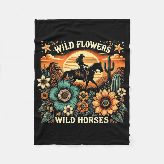 Sunset Cowgirl Rijdend Paard Wilde Bloemen - Wild  Fleece Deken (Voorkant)