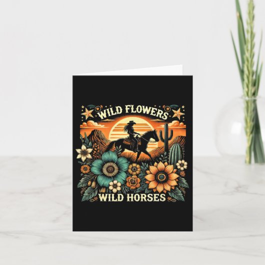 Sunset Cowgirl Rijdend Paard Wilde Bloemen - Wild Kaart (Voorkant)