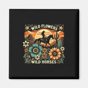 Sunset Cowgirl Rijdend Paard Wilde Bloemen - Wild  Magneet