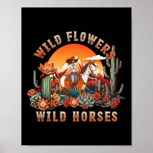 Sunset Cowgirl Rijdend Paard Wilde Bloemen - Wild  Poster
