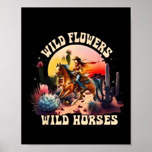 Sunset Cowgirl Rijdend Paard Wilde Bloemen - Wild Poster