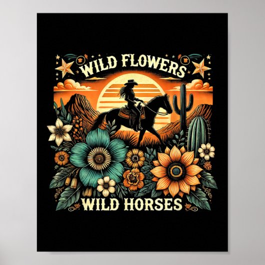Sunset Cowgirl Rijdend Paard Wilde Bloemen - Wild Poster (Voorkant)