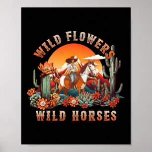 Sunset Cowgirl Rijdend Paard Wilde Bloemen - Wild Poster