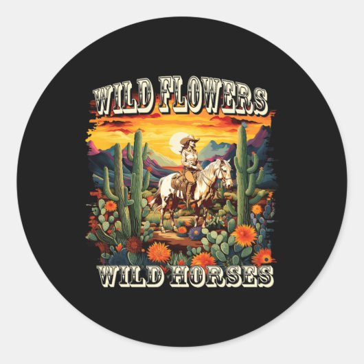 Sunset Cowgirl Rijdend Paard Wilde Bloemen - Wild  Ronde Sticker (Voorkant)