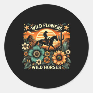 Sunset Cowgirl Rijdend Paard Wilde Bloemen - Wild  Ronde Sticker