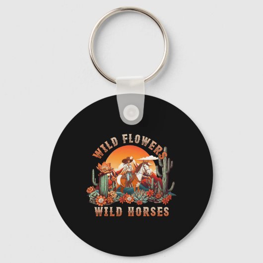 Sunset Cowgirl Rijdend Paard Wilde Bloemen - Wild  Sleutelhanger (Voorkant)